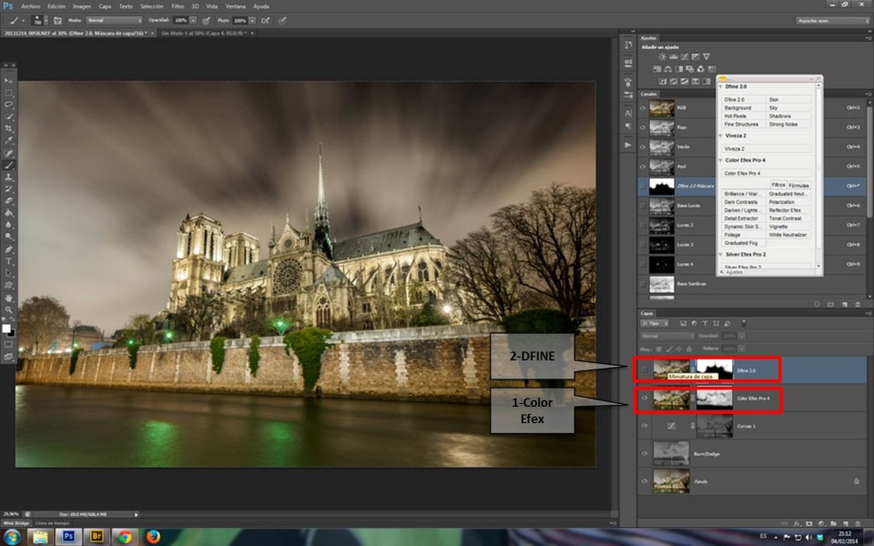 Imagen pasada por los filtros color efex y con la reducción de ruido de Dfine. Observad las máscaras que acompañan a cada capa.