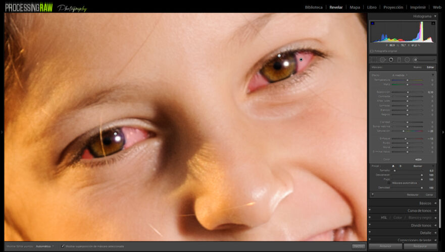 Retoque del blanco del ojo en lightroom